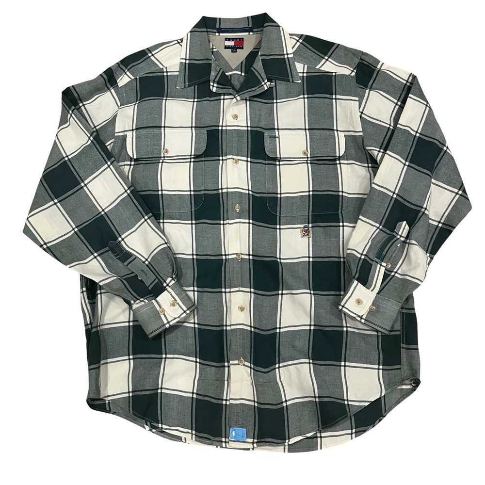 Tommy Hilfiger Mens Green White Plaid Herringbone Button Down Shirt Crest Logo M